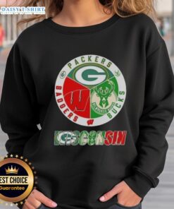 Alt Text: Stylish sweatshirt featuring the Green Bay Packers, Milwaukee Bucks, and Wisconsin Badgers logos, perfect for sports fans.