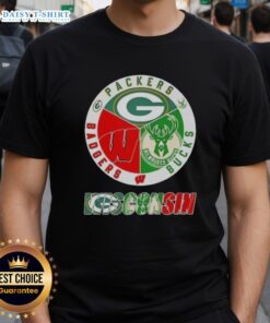 Alt Text: Wisconsin City sports T-shirt featuring Green Bay Packers, Milwaukee Bucks, and Wisconsin Badgers logos