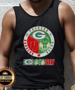 Stylish tank top featuring Green Bay Packers, Milwaukee Bucks, and Wisconsin Badgers logos, perfect for Wisconsin sports fans.