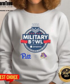Alt Text: 2025 Military Bowl sweatshirt featuring Pittsburgh Panthers vs. East Carolina Pirates logo and vibrant design.