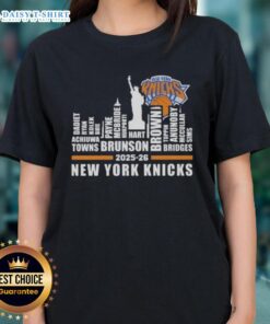 Top 2025-26 New York Knicks Basketball Ladies Tee featuring city skyline design and team names for fans.