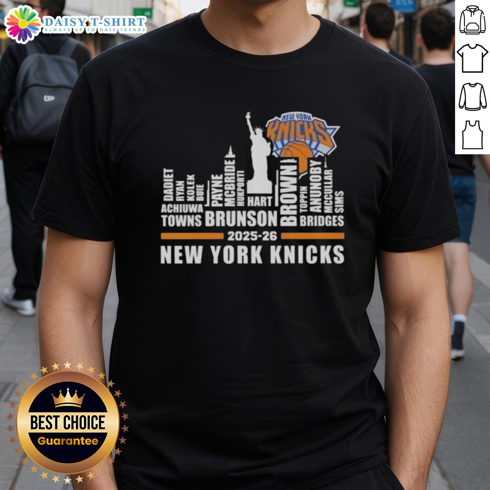 Top 2025 26 New York Knicks Basketball All Names City Skyline T Shirt Alt Text: Top 2025-26 New York Knicks Basketball T-Shirt featuring city skyline design and player names, perfect for fans.