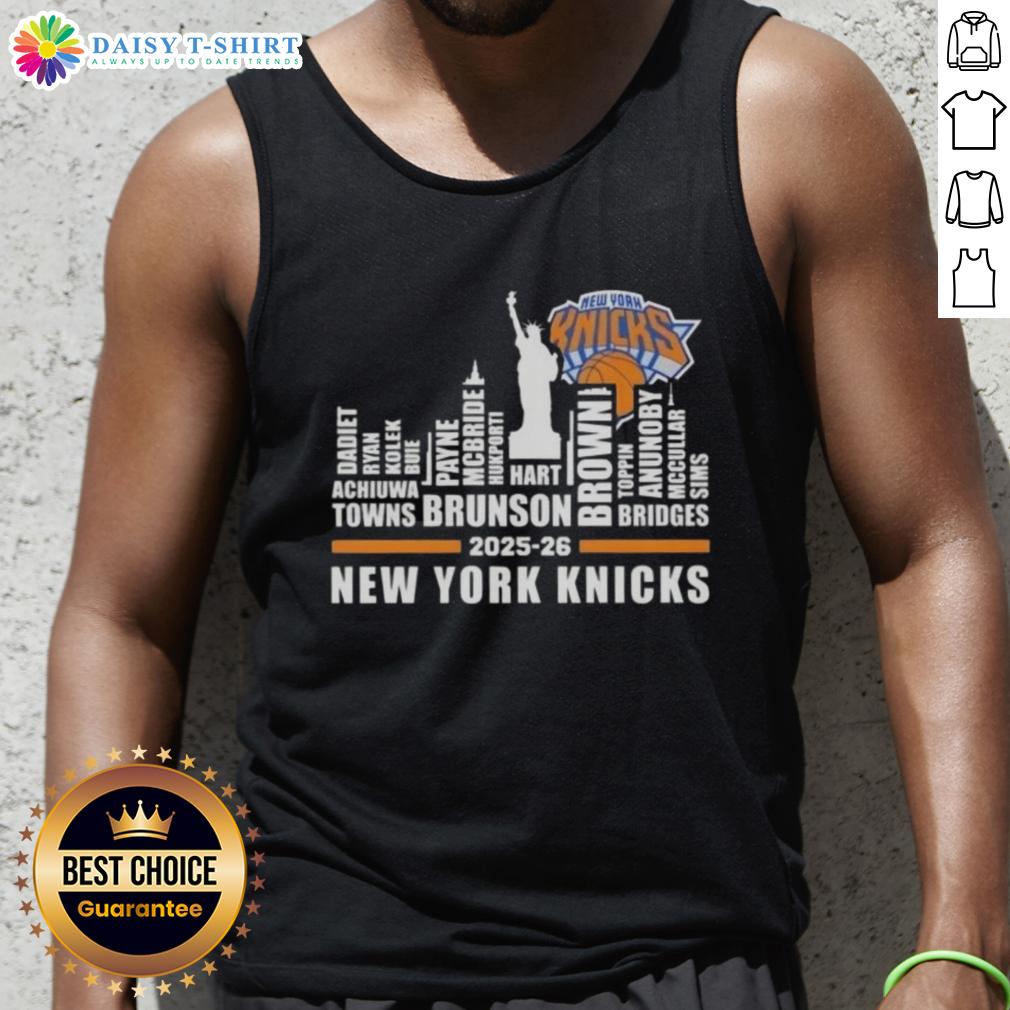 Top 2025 26 New York Knicks Basketball All Names City Skyline Tank Top Alt Text: New York Knicks basketball tank top featuring city skyline design for the 2025-26 season, stylish and sporty.