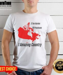 Canada map T-shirt showcasing top 3 territories and 10 provinces, perfect for proud Canadians and travelers.