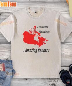 Canada map design on a washed t-shirt showcasing top 3 territories and 10 provinces for travel lovers.