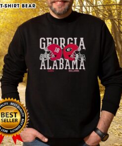 Alabama Crimson Tide vs Georgia Bulldogs helmet sweatshirt featuring team logos and vibrant colors for fans.