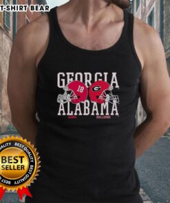 Alt Text: Top Alabama Crimson Tide vs Georgia Bulldogs helmet tank top featuring team logos and vibrant colors for fans.