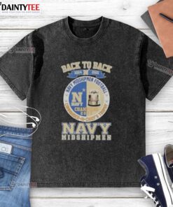 Top Back-To-Back 2024-2025 Navy Midshipmen Football Commander in Chiefs Trophy washed t-shirt displayed on a hanger.