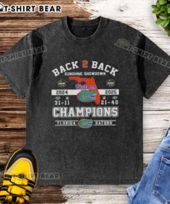 Florida Gators washed t-shirt celebrating back-to-back Sunshine Showdown champions with team logo and vibrant colors.
