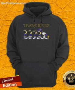 Alt Text: Top Baltimore Ravens X Peanuts Snoopy and Friends Abbey Road Hoodie featuring iconic characters in team colors.