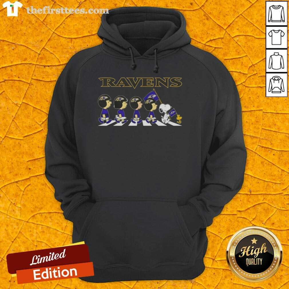 top-baltimore-ravens-x-peanuts-snoopy-and-friends-abbey-road-hoodie Alt Text: Top Baltimore Ravens X Peanuts Snoopy and Friends Abbey Road Hoodie featuring iconic characters in team colors.