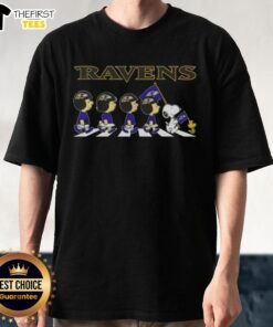 Top Baltimore Ravens X Peanuts Snoopy and Friends Abbey Road T-Shirt featuring iconic characters in a fun football design.