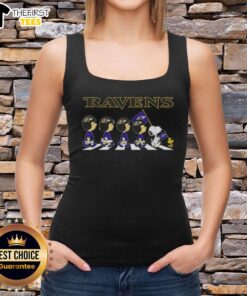 Top Baltimore Ravens X Peanuts Snoopy and Friends Abbey Road tank top featuring iconic characters and team colors.