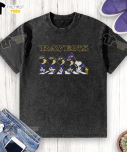 Top Baltimore Ravens X Peanuts Snoopy and Friends Abbey Road washed t-shirt featuring iconic characters in a fun design.