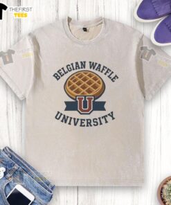 Top Belgian Waffle University logo on a stylish washed t-shirt, perfect for casual wear and school spirit.