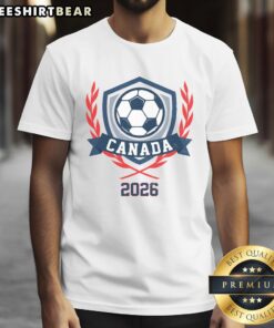 Top Canada 2026 Vintage Soccer Crest T-Shirt showcasing a retro design for soccer fans and collectors.