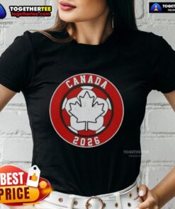Alt Text: Top Canada 2026 vintage soccer emblem ladies tee featuring a stylish design perfect for soccer fans.