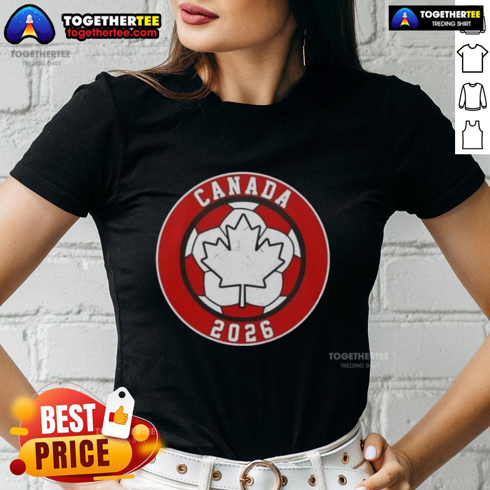 Top Canada 2026 Vintage Soccer Emblem Ladies Tee Alt Text: Top Canada 2026 vintage soccer emblem ladies tee featuring a stylish design perfect for soccer fans.