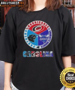 Top Carolina City Sports Hurricanes, Charlotte Hornets, and Panthers logo on a stylish ladies tee shirt.