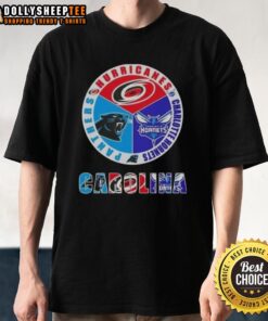 Alt Text: Top Carolina City Sports T-Shirt featuring Hurricanes, Charlotte Hornets, and Panthers logos, perfect for sports fans.