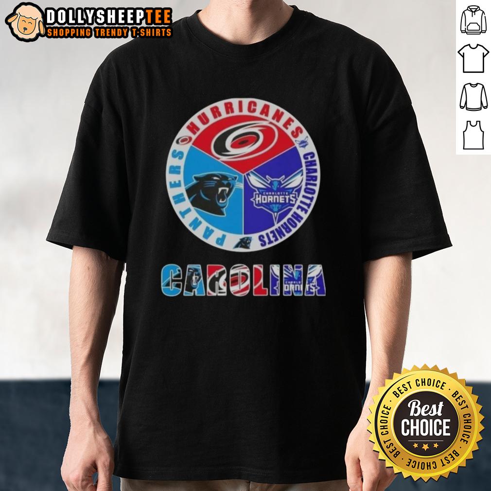 Top Carolina City Sports Hurricanes Charlotte Hornets Panthers Logo T Shirt Alt Text: Top Carolina City Sports T-Shirt featuring Hurricanes, Charlotte Hornets, and Panthers logos, perfect for sports fans.