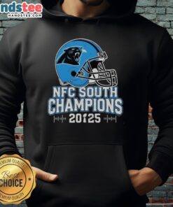 Alt Text: Carolina Panthers NFC South 2025 Champions hoodie featuring team logo and helmet design, perfect for fans.