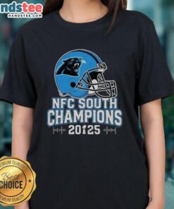 Top Carolina Panthers NFC South 2025 Champions helmet on a stylish ladies tee, perfect for fans and game day wear.