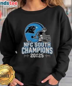 Alt Text: Carolina Panthers NFC South 2025 Champions helmet sweatshirt featuring team colors and logo for ultimate fan gear.