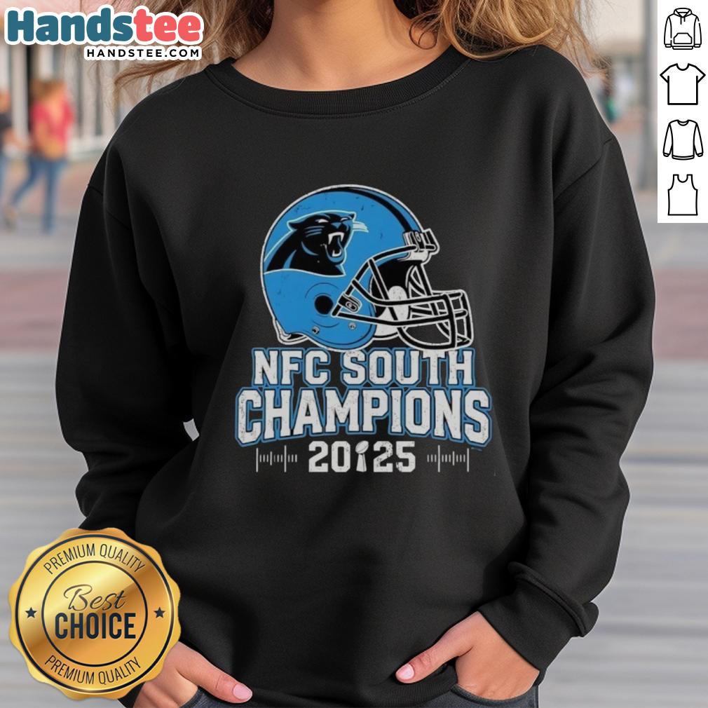 top-carolina-panthers-nfc-south-2025-champions-helmet-sweatshirt Alt Text: Carolina Panthers NFC South 2025 Champions helmet sweatshirt featuring team colors and logo for ultimate fan gear.