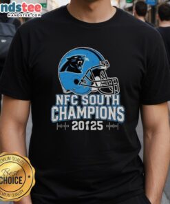Top Carolina Panthers NFC South 2025 Champions helmet t-shirt featuring team colors and logo, perfect for fans.