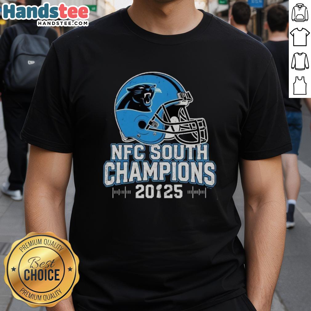 top-carolina-panthers-nfc-south-2025-champions-helmet-t-shirt Top Carolina Panthers NFC South 2025 Champions helmet t-shirt featuring team colors and logo, perfect for fans.
