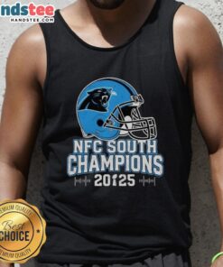 Carolina Panthers NFC South 2025 Champions helmet design on a stylish tank top, perfect for fans and summer wear.