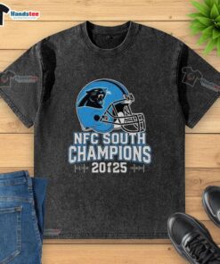 Top Carolina Panthers NFC South 2025 Champions helmet graphic on a stylish washed t-shirt for fans.