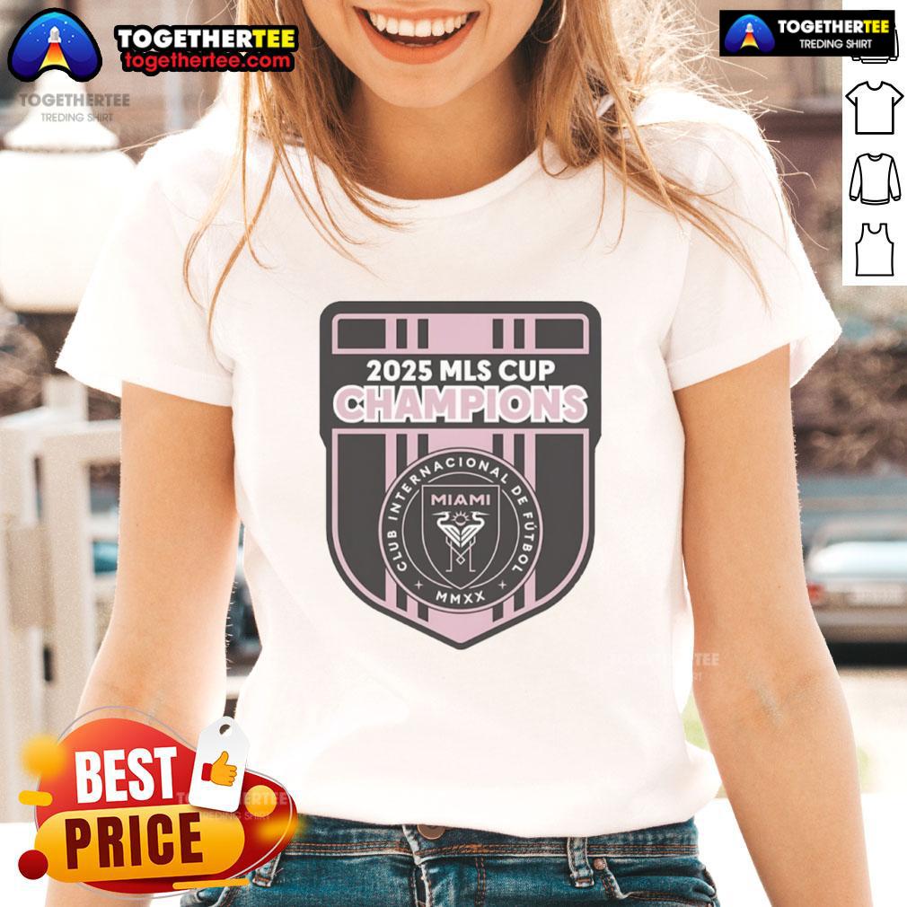 Top Cf 2025 Mls Champions Inter Miami Logo Ladies Tee Alt Text: Inter Miami logo on a stylish ladies tee from Top CF 2025 MLS Champions collection.