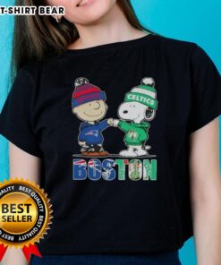 Top Charlie Brown and Snoopy Boston City Sports tee featuring New England Patriots and Boston Celtics for ladies.
