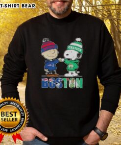 Charlie Brown and Snoopy on a Boston City sports sweatshirt featuring New England Patriots and Boston Celtics logos.
