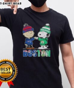 Alt Text: Top Charlie Brown and Snoopy Boston City Sports T-shirt featuring New England Patriots and Boston Celtics logos