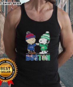 Alt Text: Charlie Brown and Snoopy Boston City sports tank top featuring New England Patriots and Boston Celtics logos.