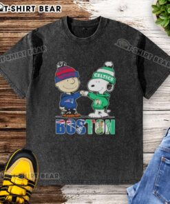Alt Text: Top Charlie Brown and Snoopy Boston City Sports New England Patriots x Boston Celtics washed t-shirt design.