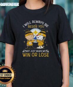 Top Charlie Brown and Snoopy Pittsburgh Steelers tee, 'I Will Always Be Beside You, Not Just When We Win' for ladies.