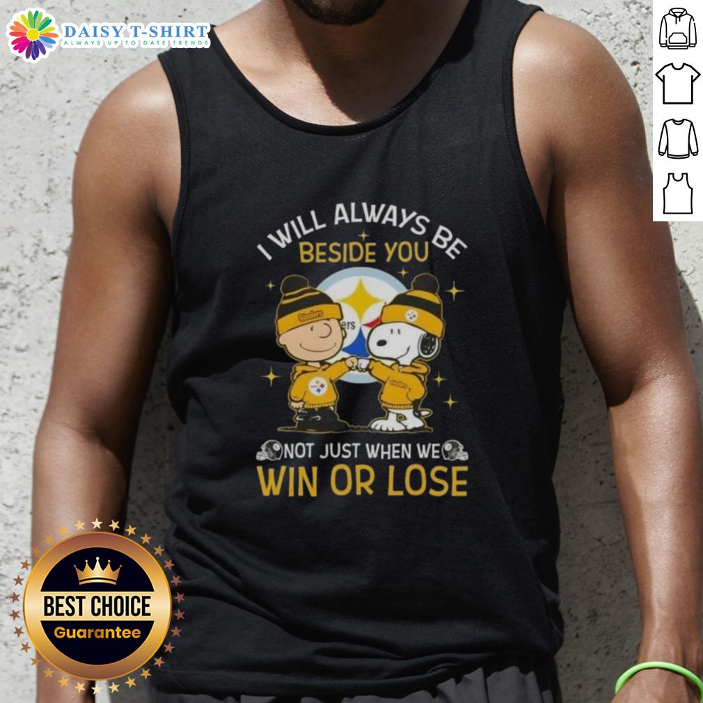 Top Charlie Brown And Snoopy Pittsburgh Steelers I Will Always Be Beside You Not Just When We Win Tank Top Alt Text: Charlie Brown and Snoopy in Pittsburgh Steelers tank top, 'I Will Always Be Beside You, Not Just When We Win.'