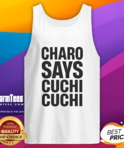 Top Charo Says Cuchi Cuchi tank top featuring vibrant colors and playful design, perfect for casual summer wear.