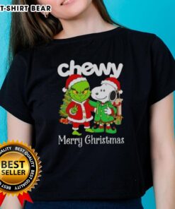 Top Chewy X Grinch and Snoopy Merry Christmas ladies tee with festive design, perfect for holiday celebrations.