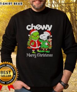 Alt Text: Cozy Top Chewy X Grinch and Snoopy Merry Christmas sweatshirt featuring festive graphics for holiday cheer.