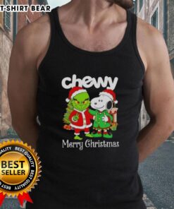 Top Chewy X Grinch and Snoopy Merry Christmas tank top featuring festive characters and vibrant holiday design.