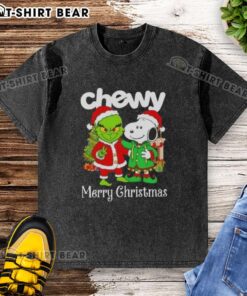 Top Chewy X Grinch and Snoopy Merry Christmas washed t-shirt featuring festive designs for holiday cheer.