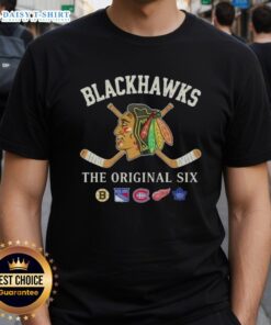 Top Chicago Blackhawks The Original Six Combined T-Shirt featuring iconic team logos in vibrant colors and stylish design.