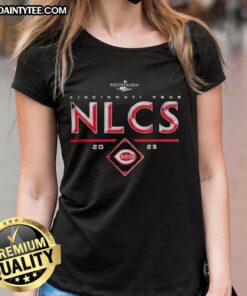 Alt Text: Cincinnati Reds 2025 NLCS Division Series Winner Postseason Ladies Tee featuring team logo and vibrant design.