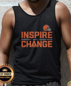 Model wearing a Cleveland Browns tank top promoting change, equity, and justice in football and community.