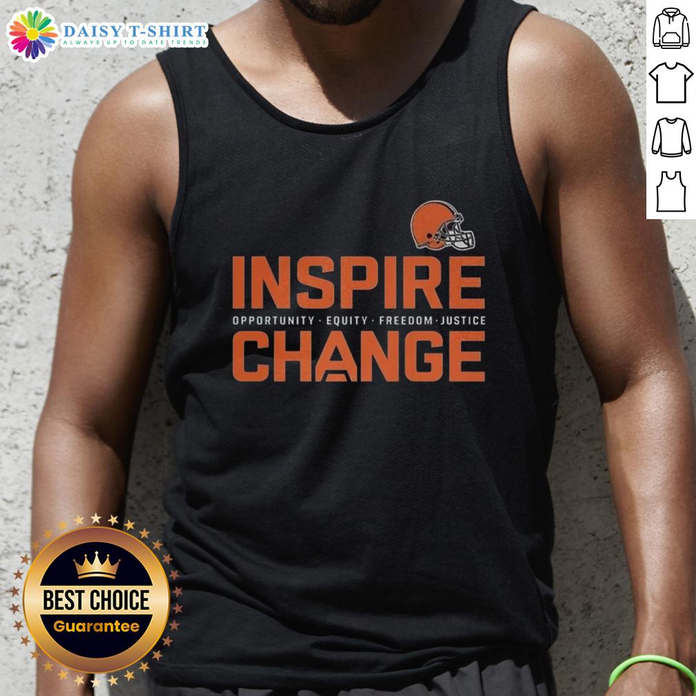 Top Cleveland Browns Inspire Change Inspire Opportunity Equity Freedom Justice Change Football Tank Top Model wearing a Cleveland Browns tank top promoting change, equity, and justice in football and community.